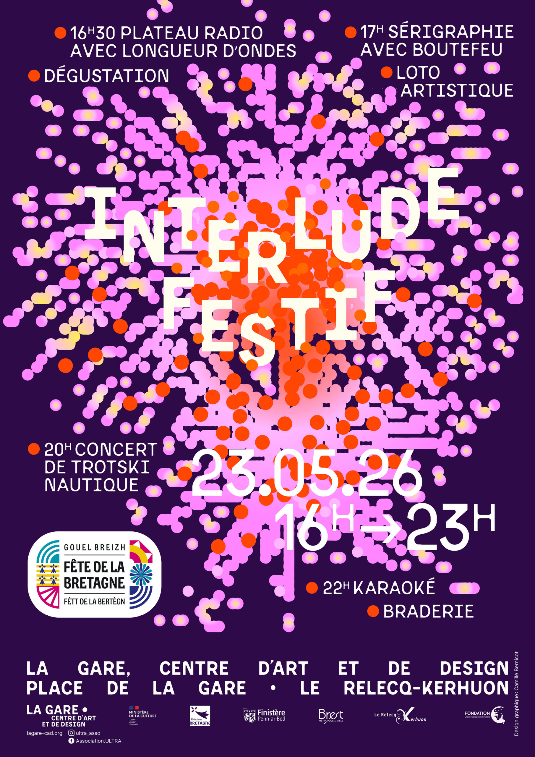 Interlude Festif • 23 mai 2026 • La Gare, Centre d'art et de design. Plateau radio avec Longueur d'ondes, atelier de sérigraphie avec Boutefeu, concert de Trotski Nautique, dégustation, karaoké.