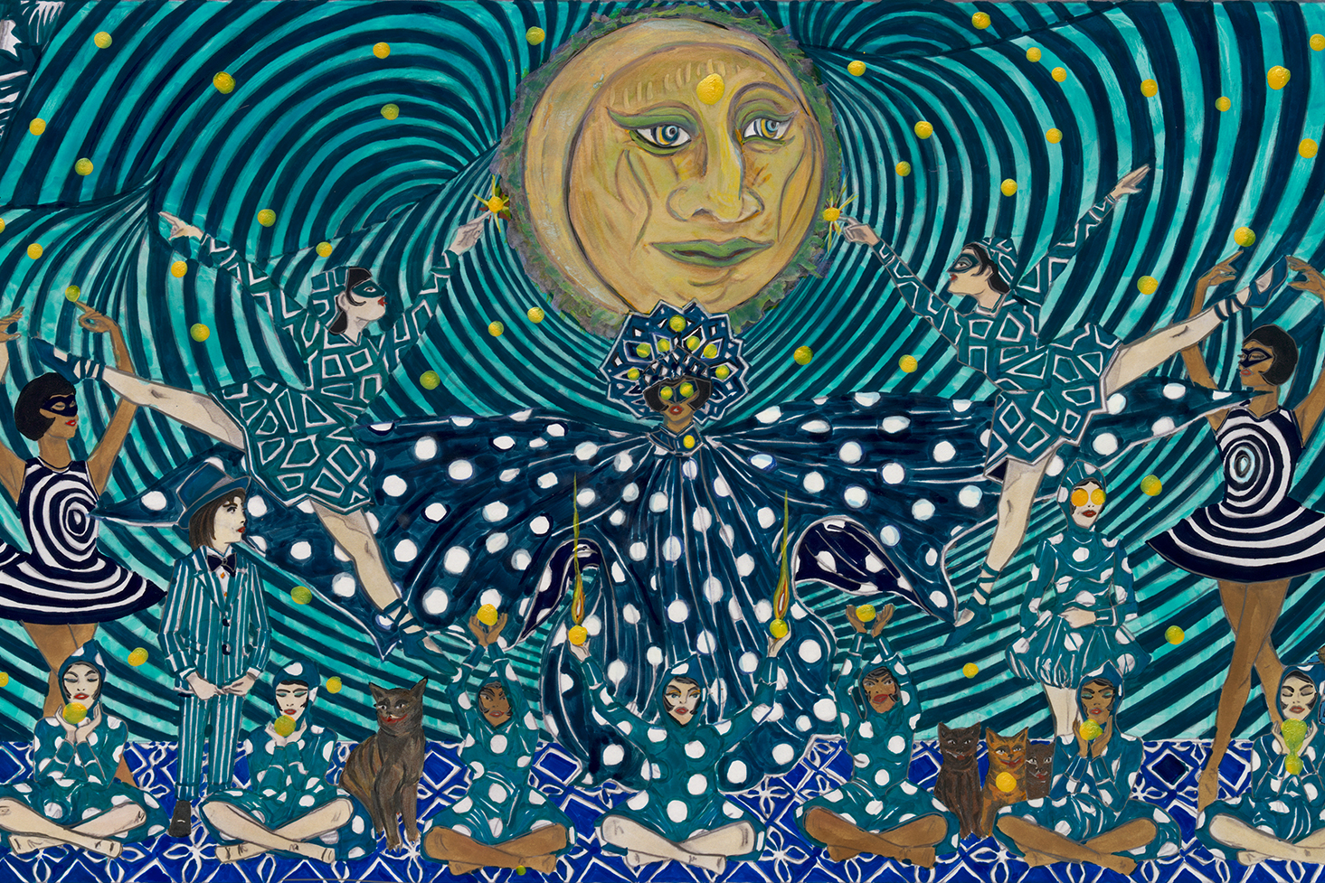 Scène imaginaire et colorée avec des personnages habillés en bleu, disposés autour d’un grand visage de lune. Certains dansent avec les bras levés, d’autres sont assis au sol. Plusieurs tiennent de petites balles jaunes dans leurs mains. Des chats sont assis près d’eux. Le fond est composé de lignes vertes et bleues en spirale, avec des points jaunes lumineux.