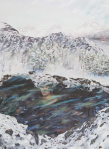 Peinture artistique mélant vagues et montagnes