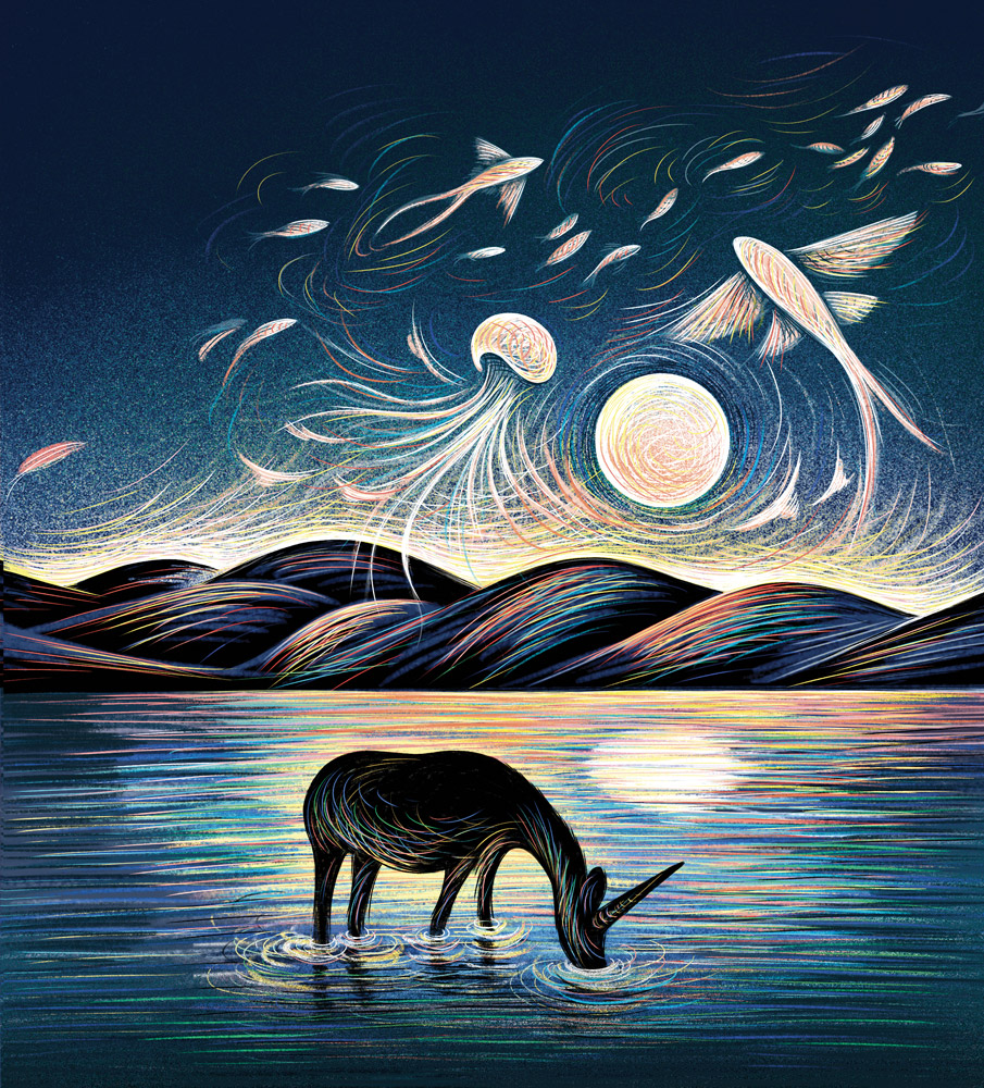 Illustration artistique présentant une licorne dans un lac une nuit de pleine lune